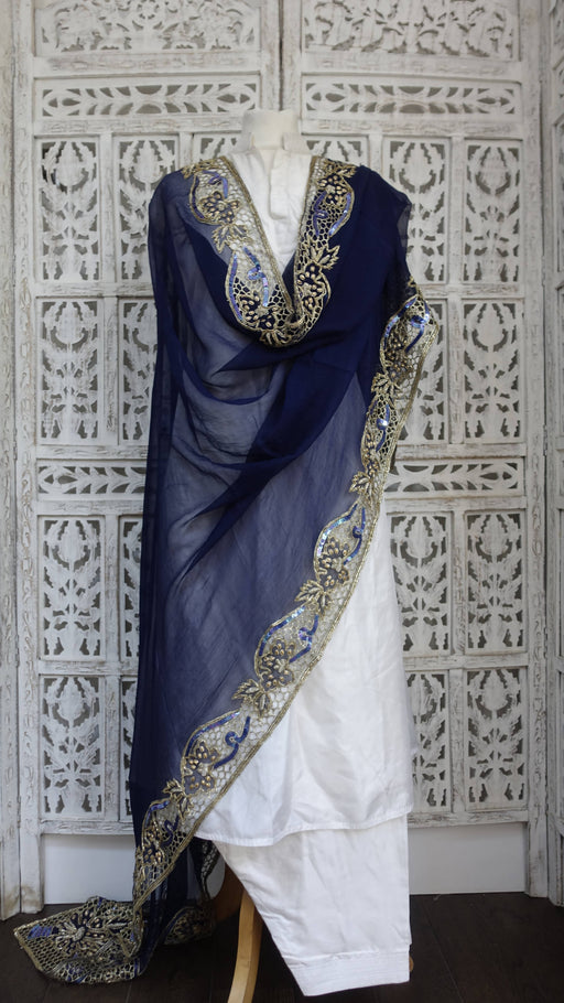 Blue silk chiffon vintage beaded dupatta