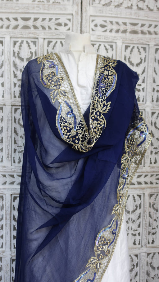 Blue silk chiffon vintage beaded dupatta – full length view