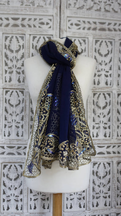 Blue silk chiffon vintage beaded dupatta – border detail