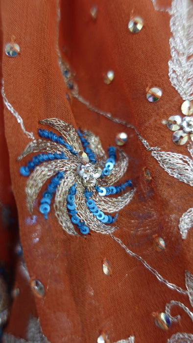 Rusty orange vintage dupatta with blue sequins – pattern detail