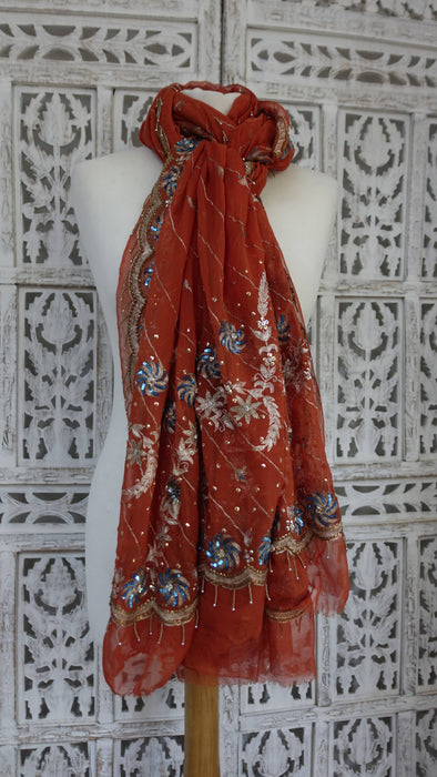 Rusty orange vintage dupatta with blue sequins – full length view