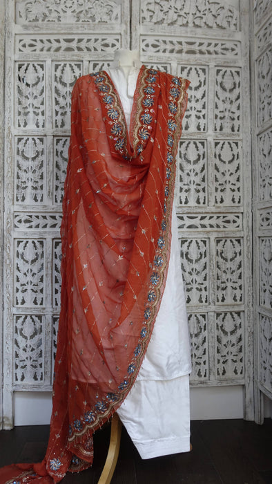 Rusty orange vintage dupatta with blue sequins