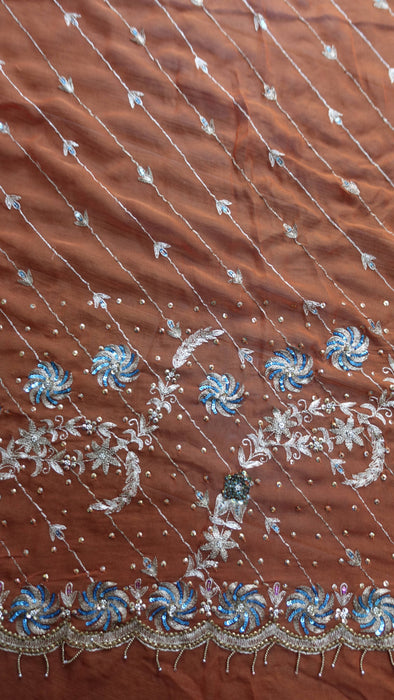 Rusty orange vintage dupatta with blue sequins – close-up of the embellishment