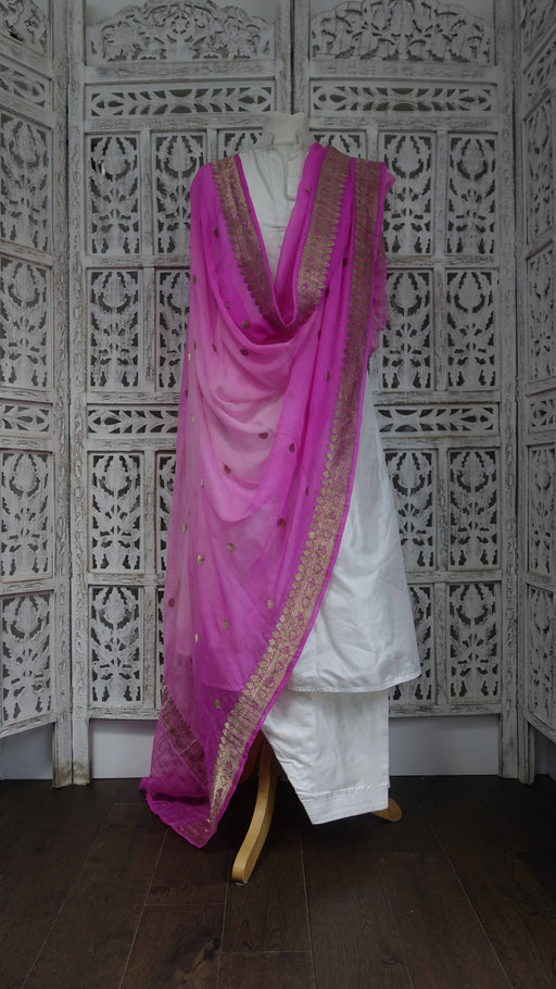 Bright pink silk chiffon banarsi dupatta