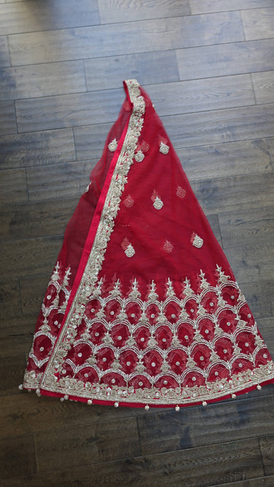 Red net zardosi curved wedding dupatta – full length view
