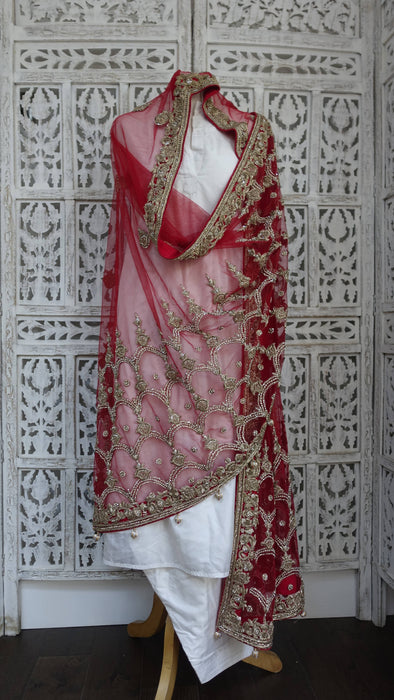 Red net zardosi curved wedding dupatta