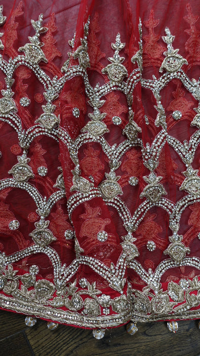 Red net zardosi curved wedding dupatta – shown draped