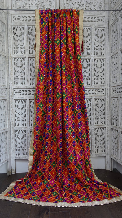 Phulkari dupatta with gold beaded edge trim – folded view