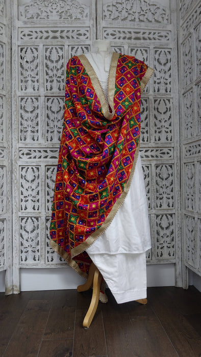 Phulkari dupatta with gold beaded edge trim