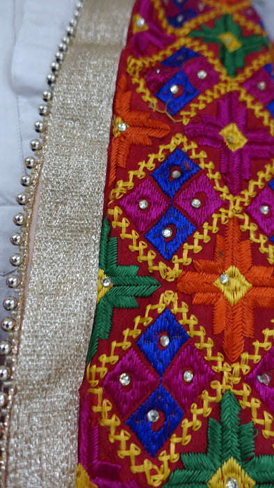 Phulkari dupatta with gold beaded edge trim – shown draped