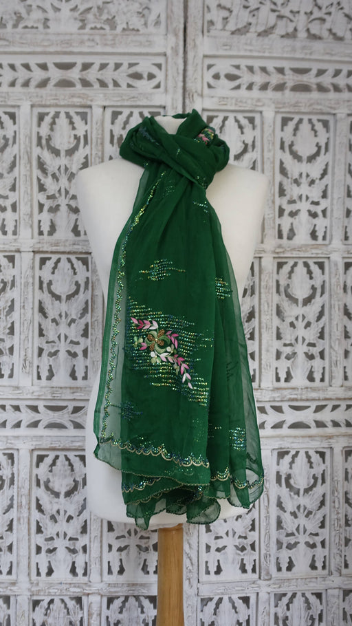 Green silk chiffon vintage floral embroidered dupatta
