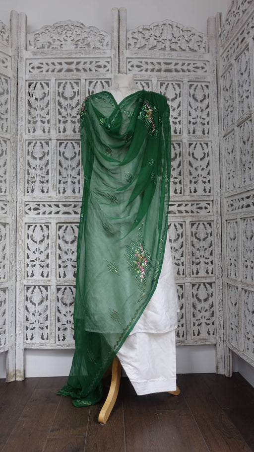 Green silk chiffon vintage floral embroidered dupatta – full length view