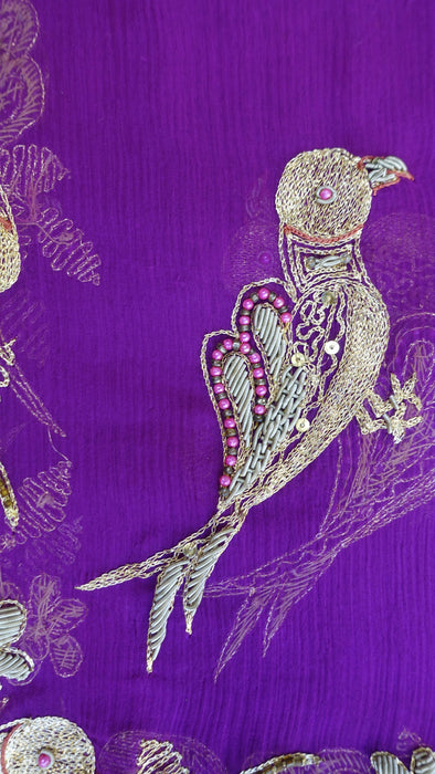 Purple embellished with bird motif dupatta – end panel detail