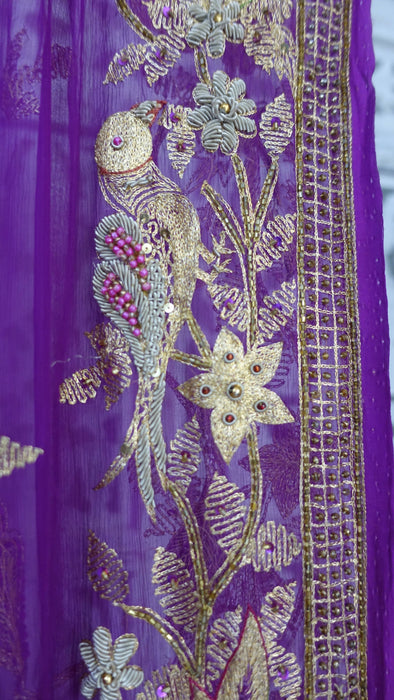 Purple embellished with bird motif dupatta – pattern detail