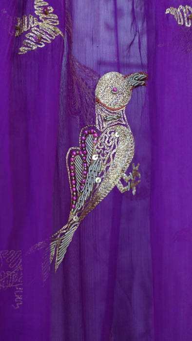 Purple embellished with bird motif dupatta – corner detail