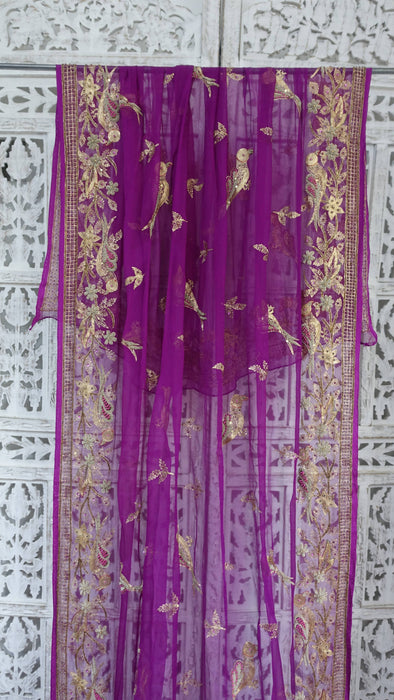 Purple embellished with bird motif dupatta – fabric and colour detail