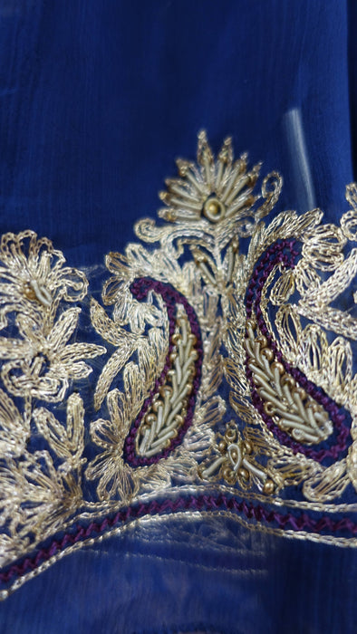 Navy blue zardosi worked silk chiffon dupatta – shown draped
