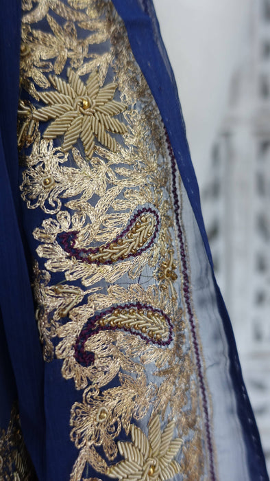 Navy blue zardosi worked silk chiffon dupatta – close-up of the embellishment