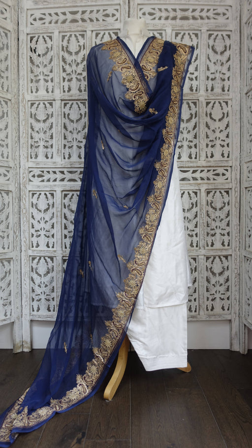 Navy blue zardosi worked silk chiffon dupatta