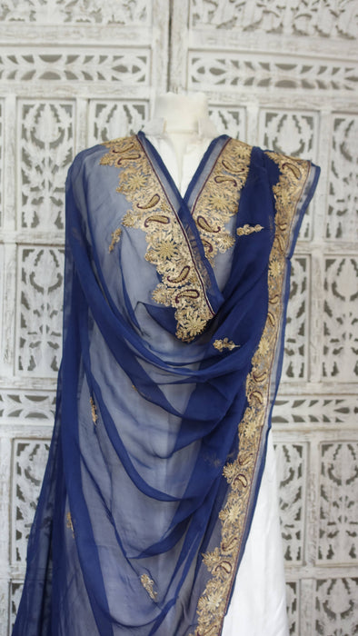 Navy blue zardosi worked silk chiffon dupatta – reverse side