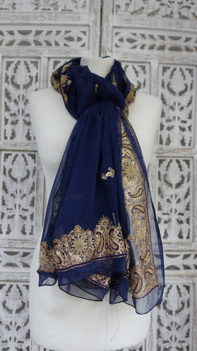 Navy blue zardosi worked silk chiffon dupatta – full length view