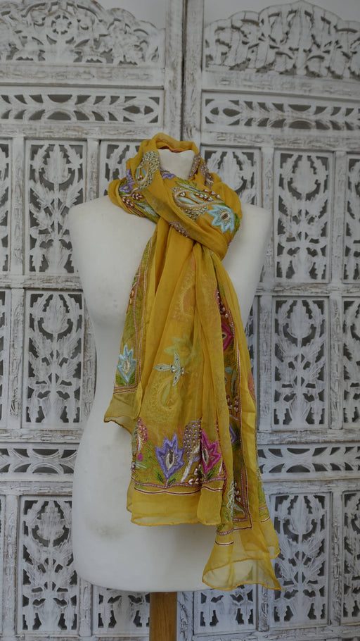 Yellow vintage silk chiffon dupatta with pastel embroidery