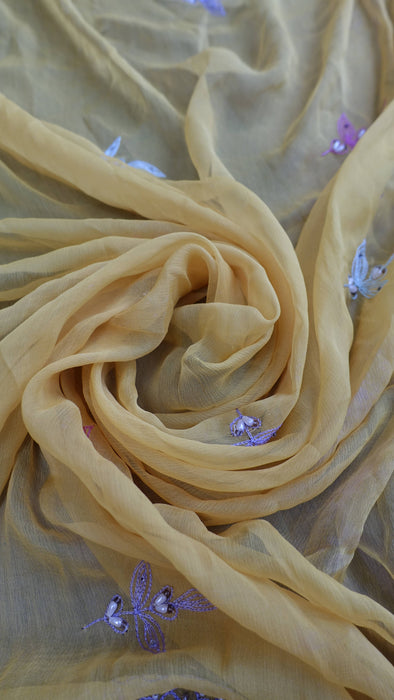 Yellow vintage silk chiffon dupatta with pastel embroidery – border detail