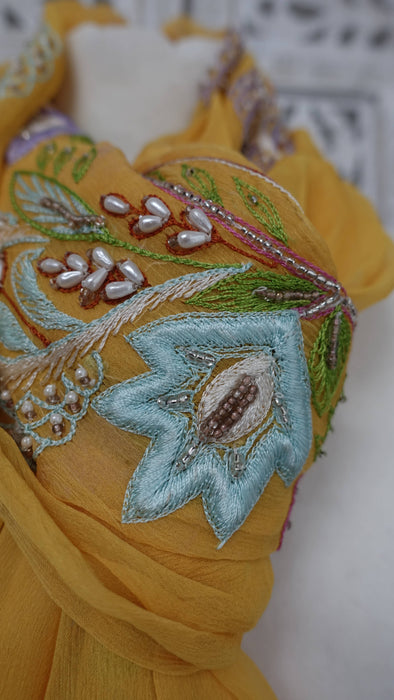 Yellow vintage silk chiffon dupatta with pastel embroidery – shown draped