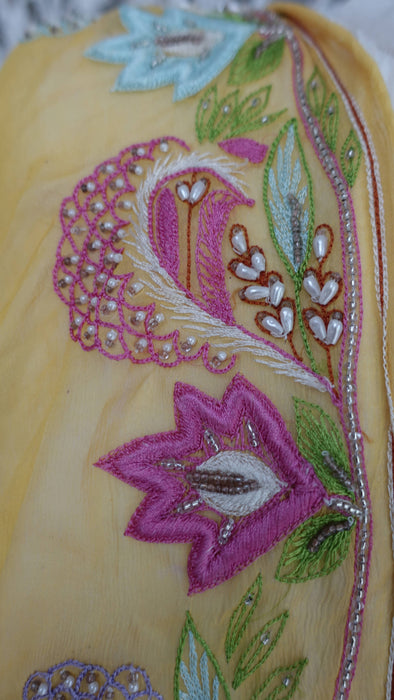 Yellow vintage silk chiffon dupatta with pastel embroidery – folded view