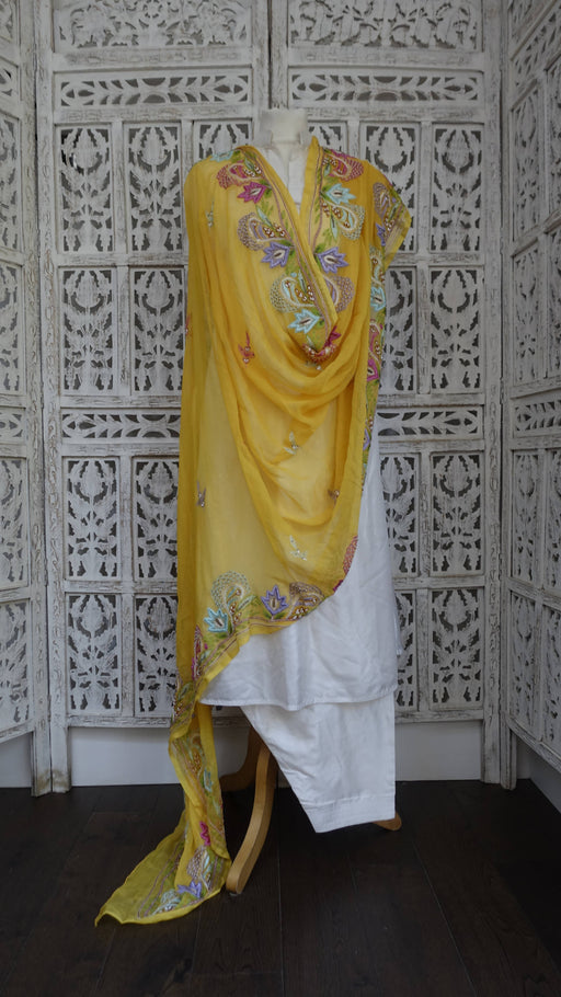 Yellow vintage silk chiffon dupatta with pastel embroidery – full length view