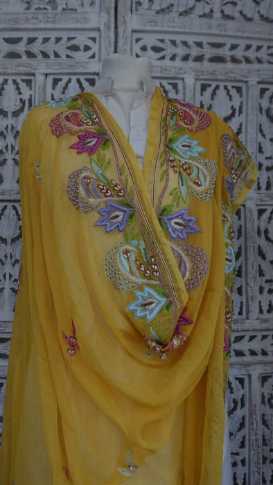 Yellow vintage silk chiffon dupatta with pastel embroidery – reverse side
