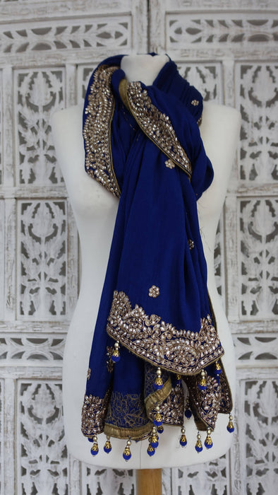 Blue crushed silk zardosi beaded dupatta – full length view