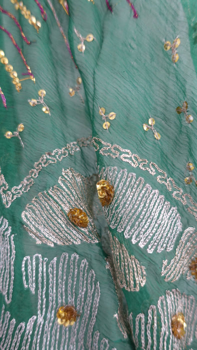 Green vintage silk chiffon embroidered with kiran gota – close-up of the embellishment