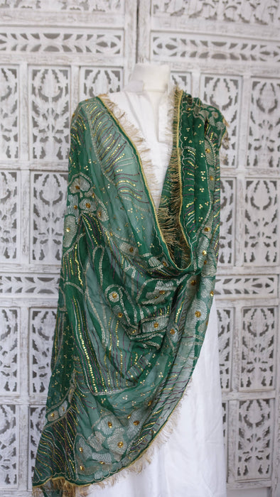Green vintage silk chiffon embroidered with kiran gota – fabric and colour detail