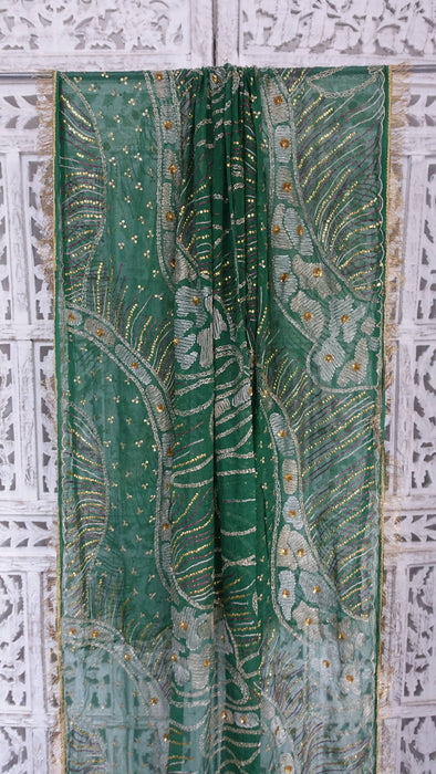Green vintage silk chiffon embroidered with kiran gota – fabric and colour detail