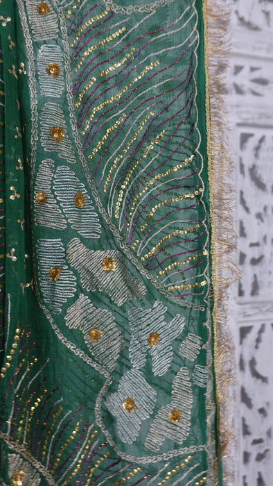 Green vintage silk chiffon embroidered with kiran gota – shown draped