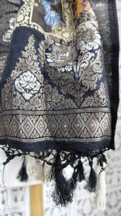 Black chanderi silk printed dupatta – end panel detail