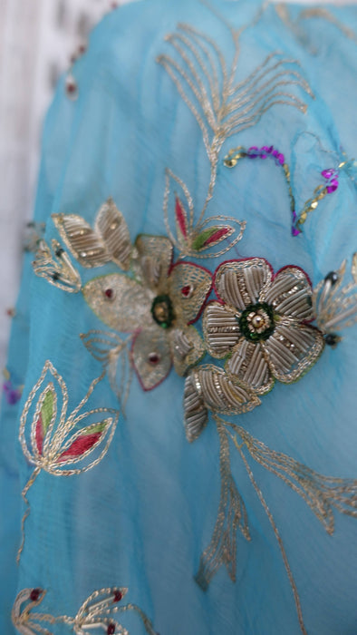 Bright blue zardosi dupatta vintage – reverse side