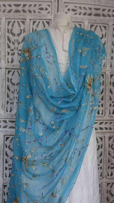 Bright blue zardosi dupatta vintage – full length view