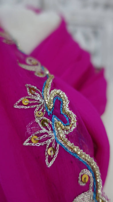 Hot pink zardosi edged dupatta – fabric and colour detail