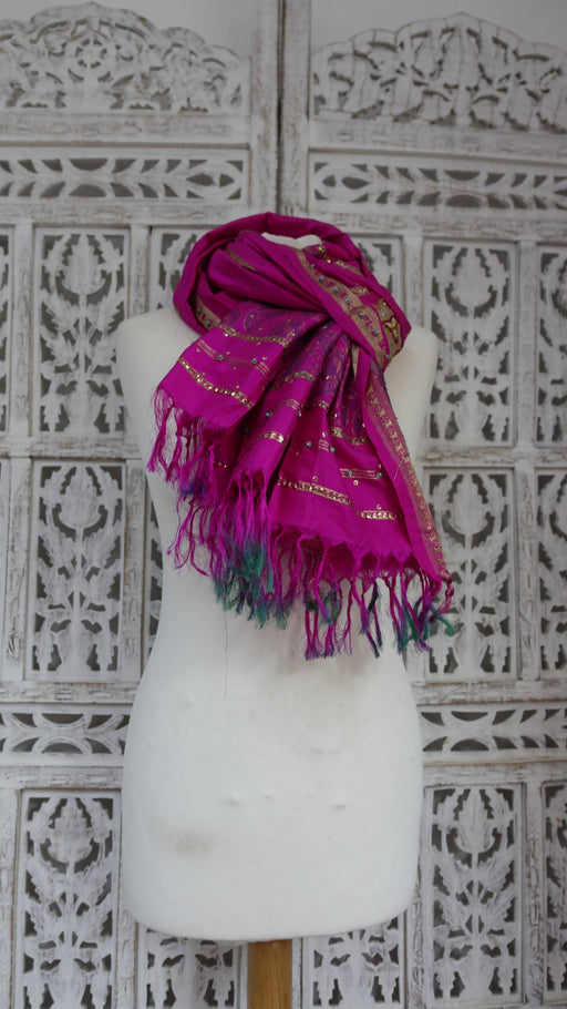 Hot pink pure silk vintage dupatta – full length view