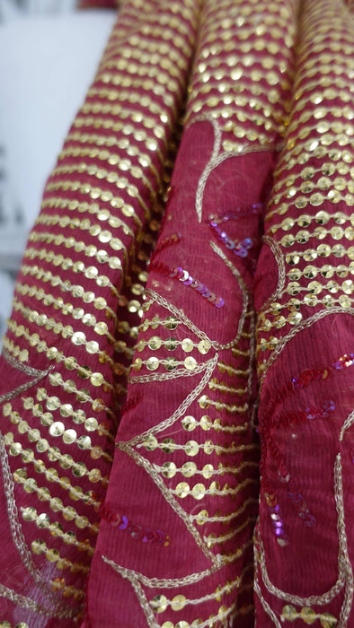 Red vintage sequinned dupatta – fabric and colour detail