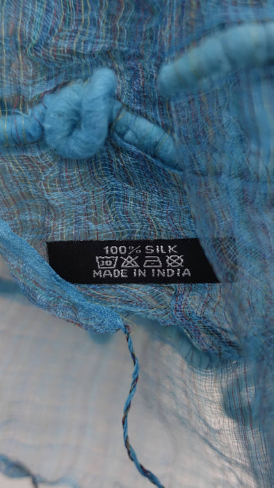 Blue thin weave silk loom scarf – close-up of the embellishment