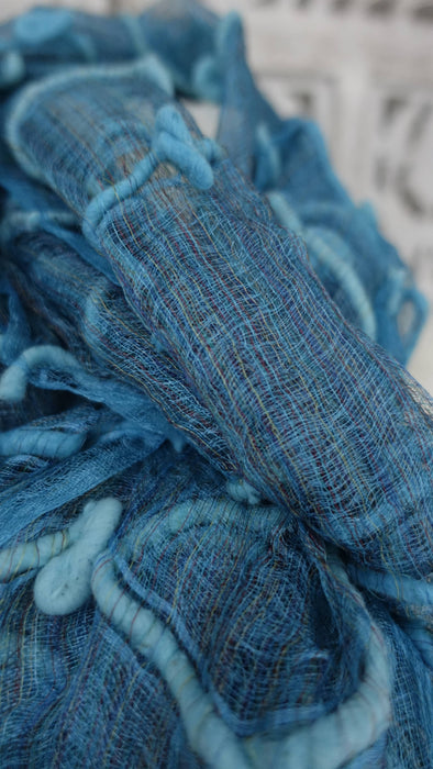 Blue thin weave silk loom scarf – full length view