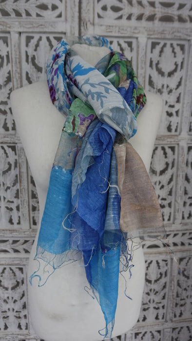 Blue and white pure sheer silk scarf