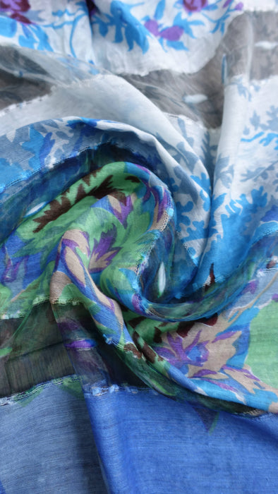 Blue and white pure sheer silk scarf – pattern detail
