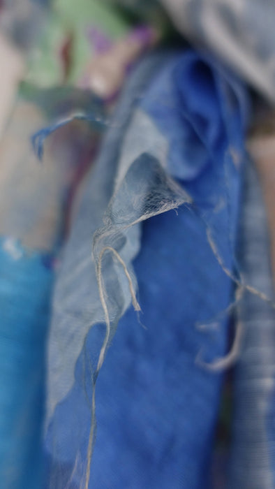 Blue and white pure sheer silk scarf – close-up of the embellishment