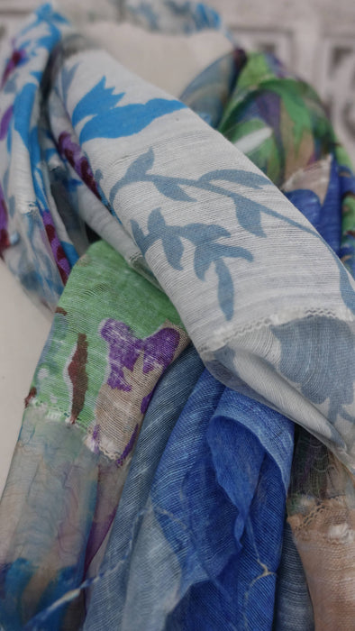 Blue and white pure sheer silk scarf – full length view