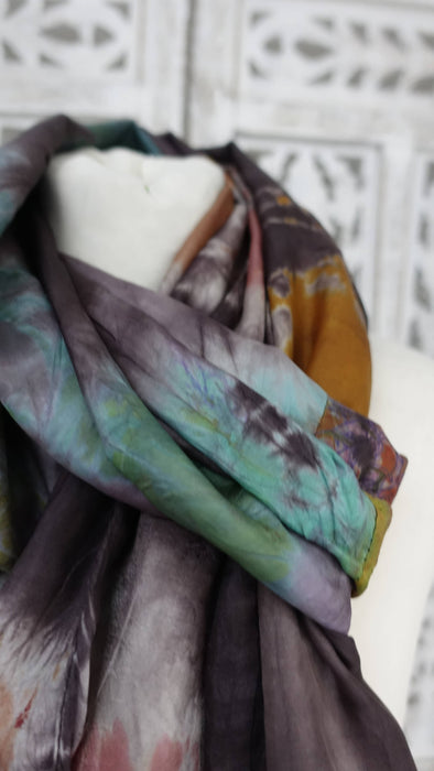 Pure silk tie dye double sided hands and looms scarf – full length view