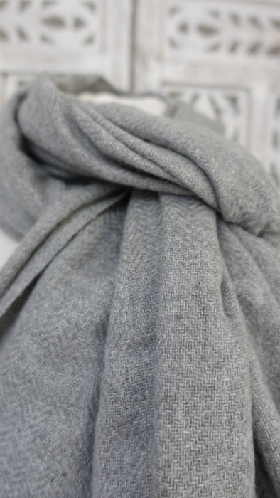 Grey angora wool hands and looms warm scarf – full length view